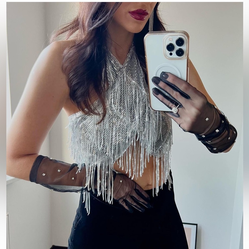 Zara Silver Sequin Fringe Halter Crop Top - Picture 6 of 12